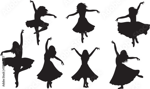 Black silhouette set of nine dancing women in various dynamic poses dance poses dance moves
