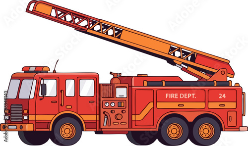 Red Fire Department Ladder Truck No. 24 Side View with Extended Aerial Ladder and Orange Details – Flat Vector