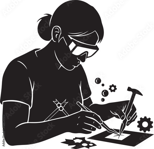 Woman working with tools, female artisan or engineer meticulously crafting small components, silhouette vector.