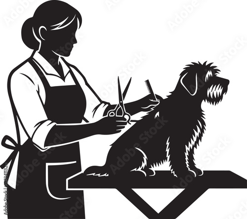 Dog grooming silhouette of groomer with scissors and comb working on dog on table vector.