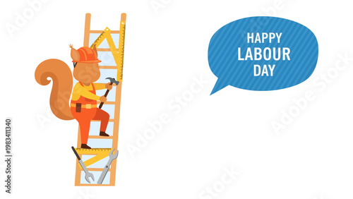 Happy Labour Day: Animated illustration of a squirrel diligently working on a construction ladder, celebrating hard work and dedication. A playful tribute to labor day.