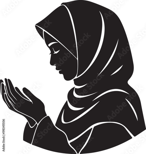 Religious silhouette of muslim woman wearing traditional hijab veil praying with open hands for spiritual devotion and worship.