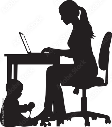 Silhouette of working mother using laptop computer at desk while her baby plays with rattle on floor in home office environment.