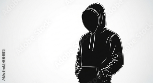 Anonymous figure in black hoodie faceless silhouette representing mystery anonymity or online privacy isolated on white background