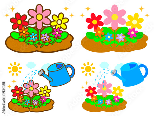 お花に水やりするジョウロのガーデニングイラスト素材セット3