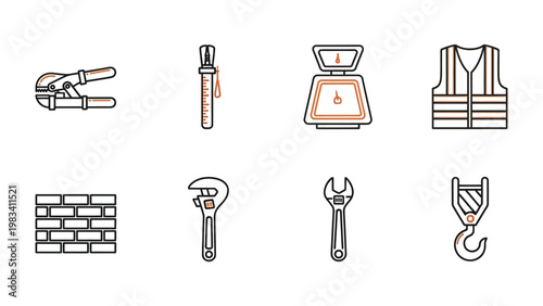 Construction Tools and Equipment: A set of essential tools and equipment commonly used in construction, neatly arranged to represent various aspects of the trade.