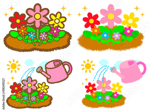 お花に水やりするジョウロのガーデニングイラスト素材セット