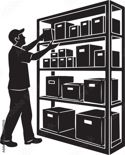 Warehouse worker silhouette organizing cardboard boxes on tall storage shelves in distribution center or shipping supply depot.