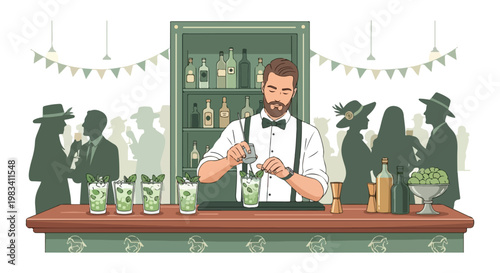 Bartender preparing cocktails at a lively bar with customers enjoying drinks and socializing