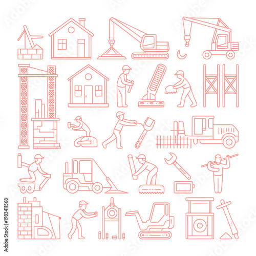 Construction Icon Set: A comprehensive collection of construction-themed icons, representing various elements and activities in the building process. The icons showcase construction workers.