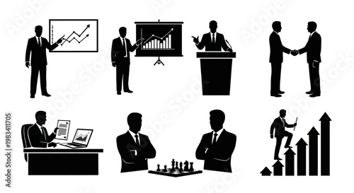 Business meeting and success icons: silhouettes of people in office, presentation, handshake, strategy, growth