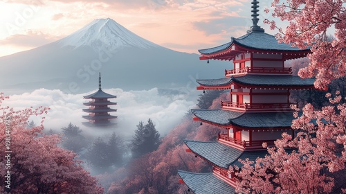 Misty morning, Japanese pagodas, Fuji mountain, cherry blossoms.  Possible stock photo use Nature, travel, serenity