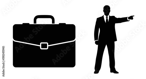 Businessman pointing direction next to briefcase, business strategy and decision making concept