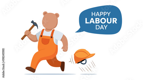 Bear Celebrating Labor Day: An animated construction bear, with hammer and safety helmet, merrily celebrates Labor Day. It's a joyful tribute to the hardworking.