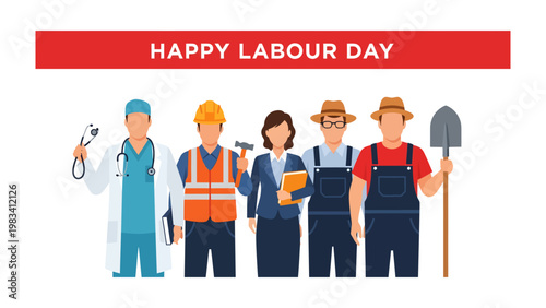 Happy Labor Day: A diverse group of people from different professions come together to celebrate Labour Day, representing the hard work and dedication of the workforce. The image conveys unity.