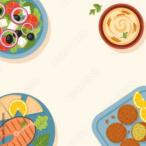 Modern Mediterranean Food Poster Template with Cream Background, Greek and Middle Eastern Cuisine Flyer Design with Flat Illustrations of Salad, Hummus, Salmon, and Falafel