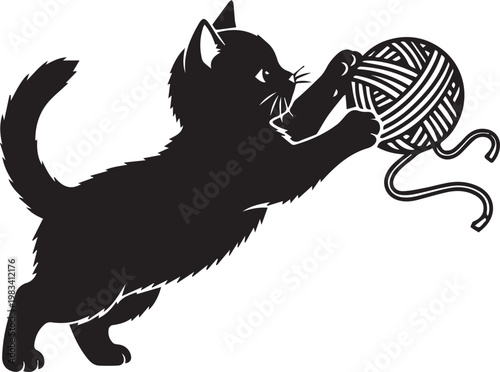 Black kitten playing with ball of yarn silhouette design element for pet lovers and animal themed craft projects and decoration.
