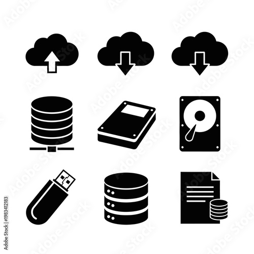 Cloud Computing and Data Storage Icons: Cloud, Hard Drive, USB, Database, Document