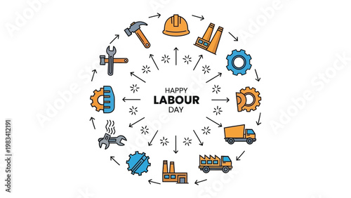 Labor Day Celebration: A vibrant circular design celebrating Labour Day, with essential tools and symbols arranged around a central message of celebration. 