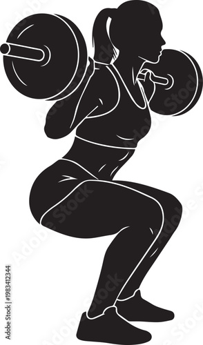 Strong woman performing barbell back squat exercise silhouette for fitness bodybuilding powerlifting and healthy gym lifestyle.