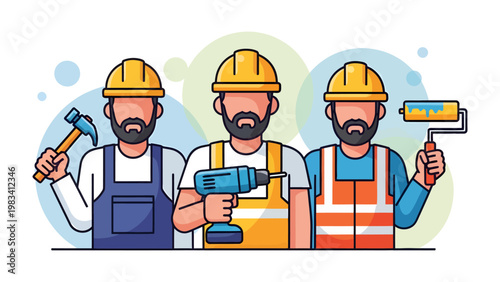 Builders with Tools: Three construction workers, each holding a different tool, stand ready to tackle a building project. Capturing the spirit of teamwork and craftsmanship.