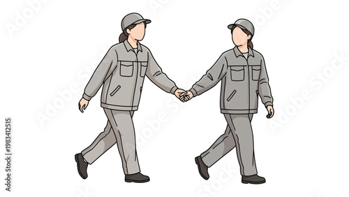 Teamwork and Unity: Two figures dressed in work attire, walking together hand-in-hand, symbolizing partnership and collaboration in a shared journey.
