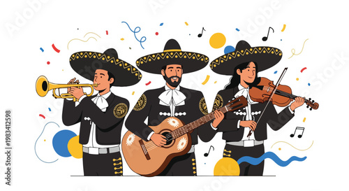 Celebratory Mexican music band wearing traditional sombreros playing guitars and trumpet with festive decorations