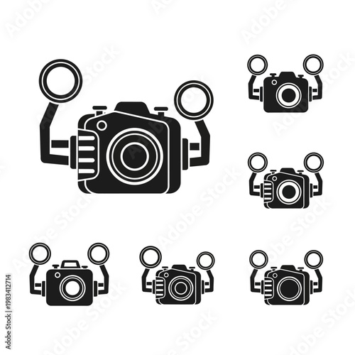 Collection of Black Camera Icons with Ring Lights, Technology and Photography Concept