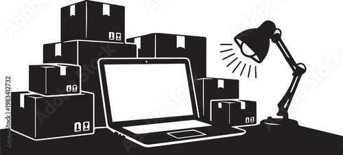 Workspace with laptop computer, stack of cardboard boxes, and adjustable desk lamp, symbolizing e-commerce.