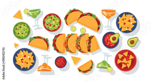 Assorted colorful tacos and mini sandwiches with fresh vegetables and toppings on a white background