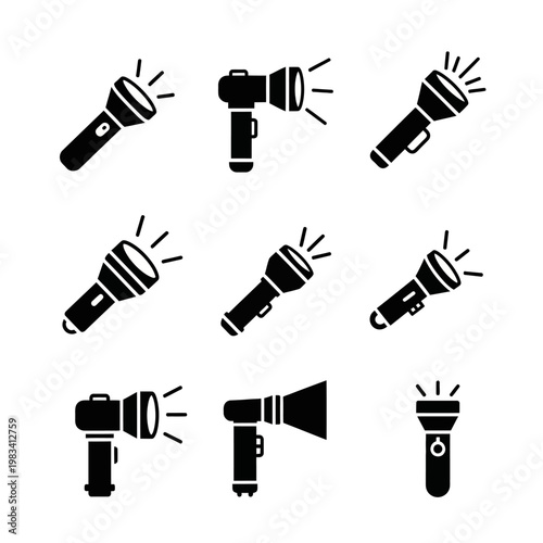 Collection of Black Flashlight Icons, Portable Light Sources, Emergency Equipment