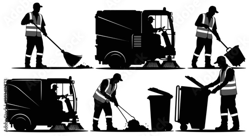 Sanitation workers cleaning streets and bins.