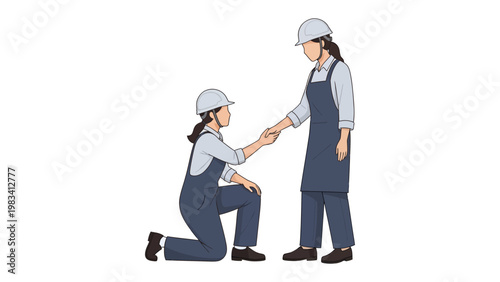 Helping Hand: Two construction workers in hardhats and overalls extend a gesture of assistance, teamwork, and support. Symbolic of collaboration and solidarity in the construction field. 