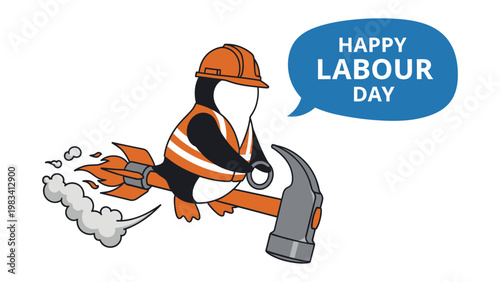 Happy Labour Day: A cartoon penguin, adorned in construction gear, merrily zips through the air on a hammer-powered rocket. This whimsical image symbolizes hard work, dedication.