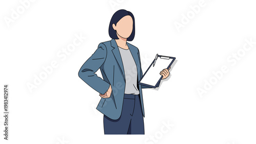 Confident Professional: A stylized illustration of a poised female professional, holding a clipboard, exuding confidence.