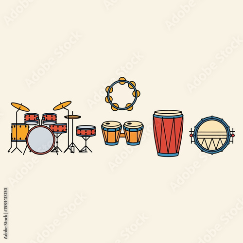 Collection of Percussion Instruments: Drum Set, Bongos, Congas, Tambourine, Frame Drum