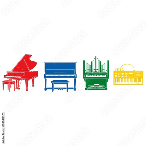 Colorful musical instruments: grand piano, upright piano, organ, synthesizer