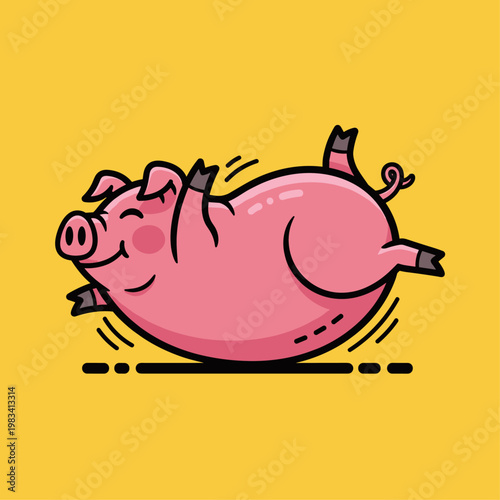 Smiling Pink Pig Rolling Over Joyfully.