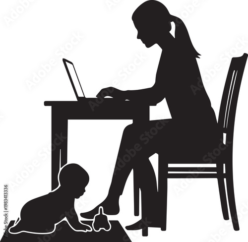 Mother working on laptop with baby playing nearby, silhouette woman at desk, multitasking parent concept, busy lifestyle.