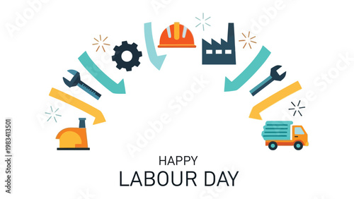 Happy Labour Day Illustration: An artistic illustration celebrating Labour Day, with elements representing industry and the workforce, arranged in a visually appealing design.