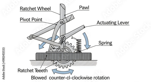 A ratchet wheel and pawl mechanism with labeled components