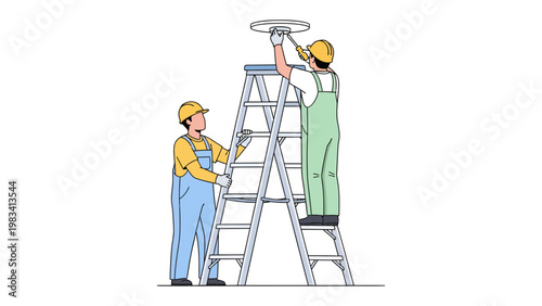 Light fixture installation: Two skilled technicians meticulously install a light fixture, working in tandem to illuminate the space. Demonstrating teamwork, skill.