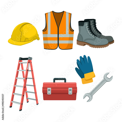 Construction Tools and Safety Gear: A comprehensive arrangement of essential tools and safety equipment. This visual encapsulates the essentials required for safe and effective construction work.