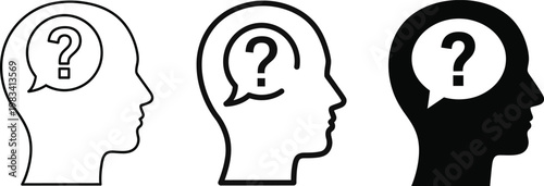 Three depictions of a human head in profile with a question mark inside