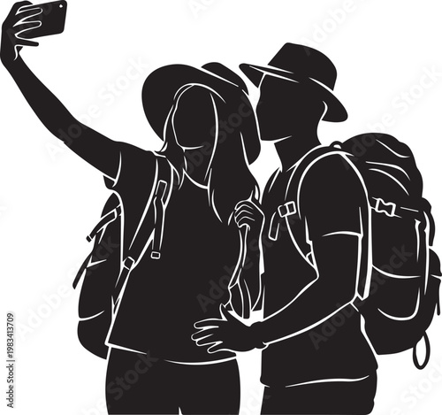 Couple taking selfie with smartphone while hiking silhouette wearing hats and backpacks on outdoor travel adventure expedition.