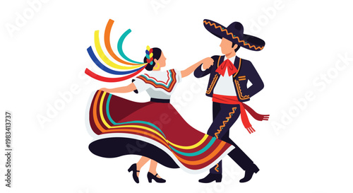 Traditional Mexican dancers wearing colorful costumes performing a lively folk dance in a festive setting