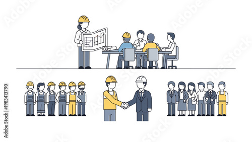 Collaboration in Construction: Architects and engineers collaborate over blueprints, alongside workers and a handshake symbolizing an agreement