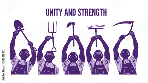 Unity and Strength: Silhouette figures stand tall, arms raised high, brandishing tools of labor against a vibrant sky, symbolizing solidarity and empowerment.