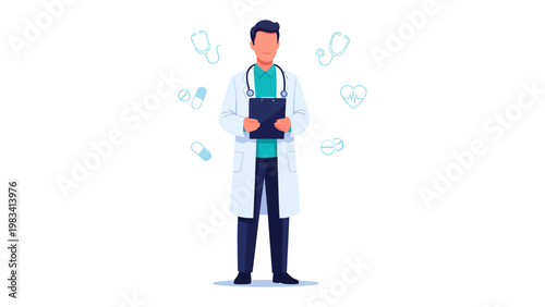 Confident Doctor: An illustration of a doctor. Standing tall, this medical professional exudes confidence and care. Surrounding them are subtle medical elements.