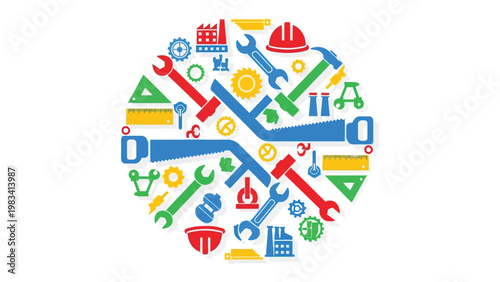 Construction tools circle: an array of colorful construction tools meticulously arranged in a circle symbolizing construction and tools
